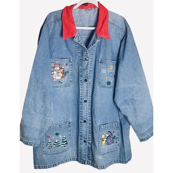 Vintage Disney Winnie the Pooh Denim Shacket Christmas Embroidered Red Collar 2X - Picture 2 of 7